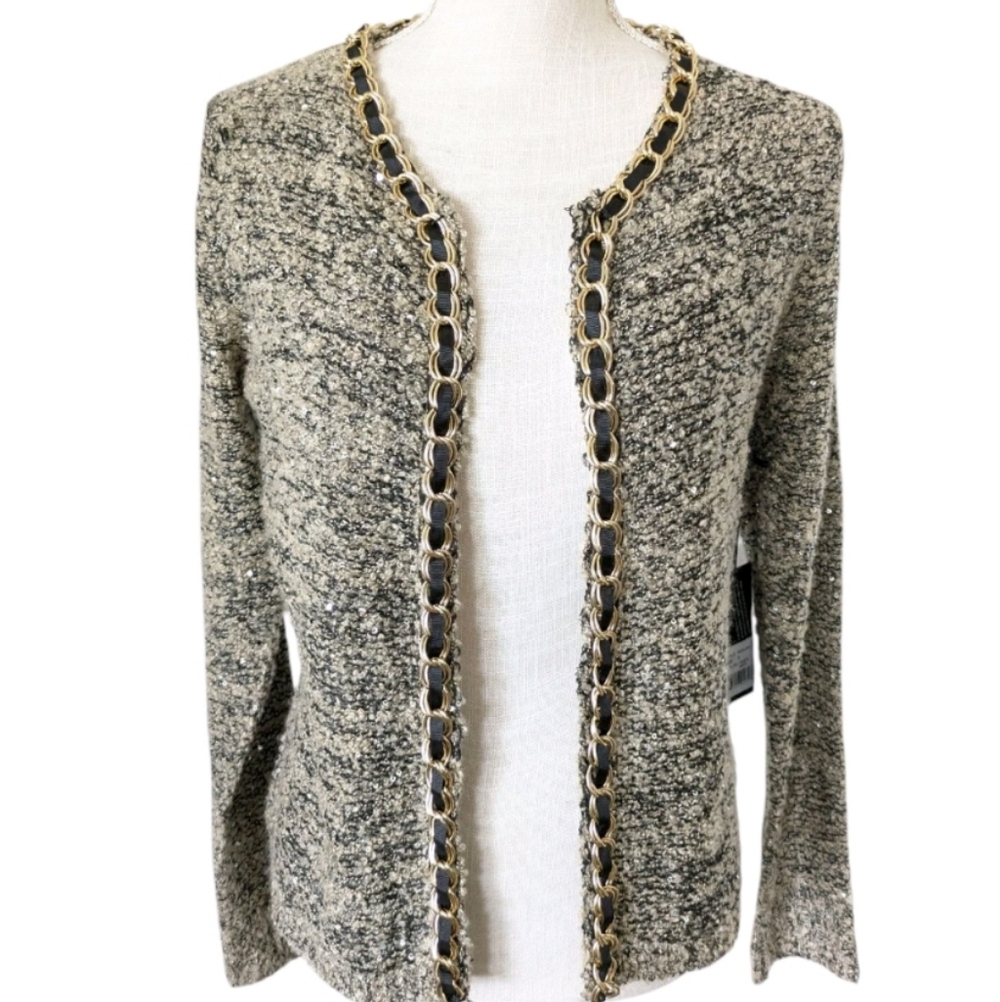 NWT Sioni Cardigan Sweater Knit Boucle‎ Gold Chain Detail